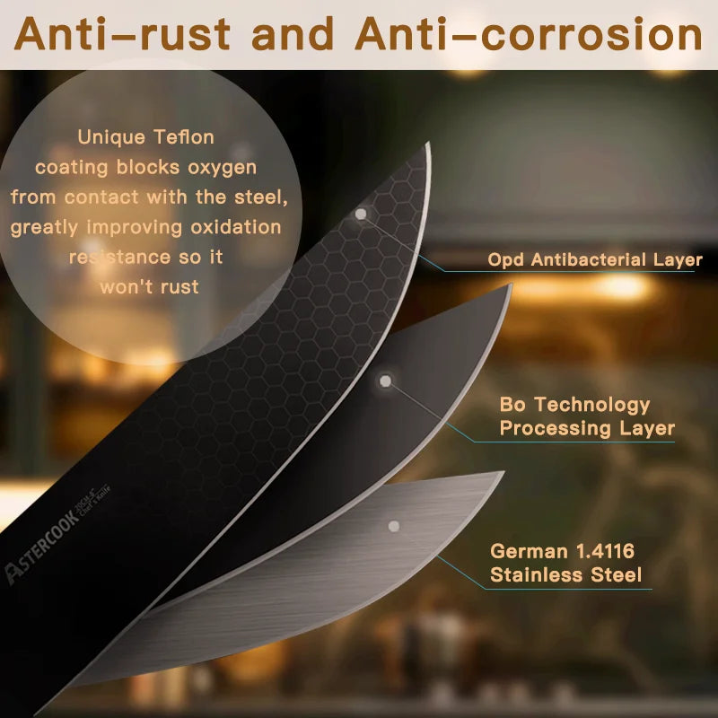 סכין שף מקצועית 8 אינץ', עשויה פלדת אל-חלד גרמנית עתירת פחמן, עם ידית ארגונומית לאחיזה נוחה וביצועים מדויקים במטבח.