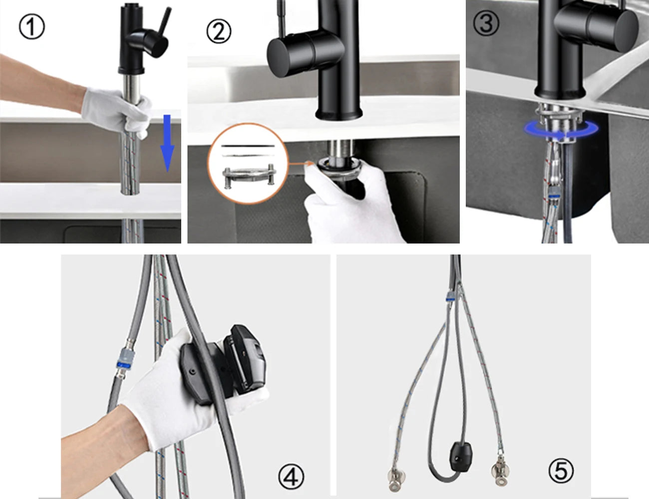 ברז מטבח שחור עם ראש נשלף, גוף מיקסר מניקל מוברש, מצב זרם ורסס, עיצוב מודרני למטבח.