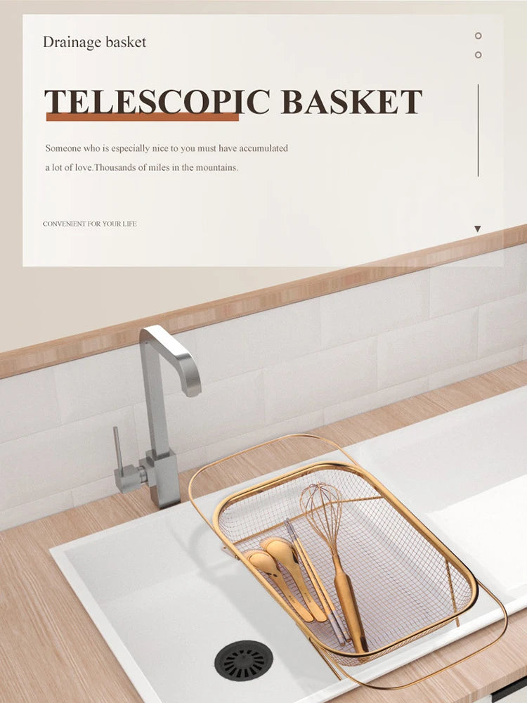 Kitchen Organizer Stainless Steel Soap Sponge Holder Adjustable Vegetable Drain Basket Sink Rack Telescopic Washing Drainer