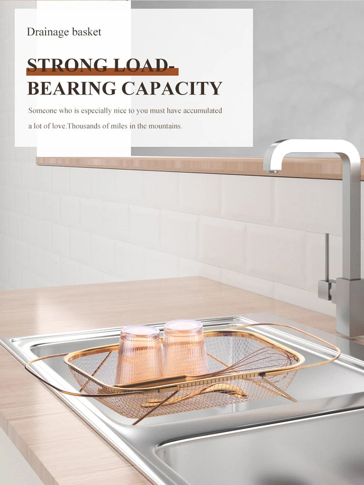 Kitchen Organizer Stainless Steel Soap Sponge Holder Adjustable Vegetable Drain Basket Sink Rack Telescopic Washing Drainer