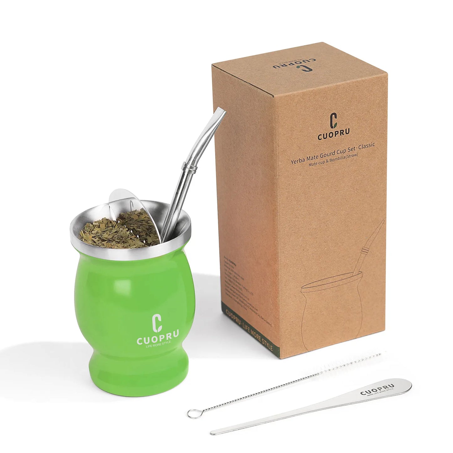 ``` FIXKNIFE كوب يربا ماتيه أرجنتيني سعة 8 أونصات مصنوع من ستانلس ستيل 304 عالي الجودة مع جدار مزدوج للحفاظ على الحرارة، مزوّد بومبيّيا وفرشاة تنظيف وفاصل للشاي. تصميم حديث وأنيق لتجربة ماتيه مثالية من FIXKNIFE. ```