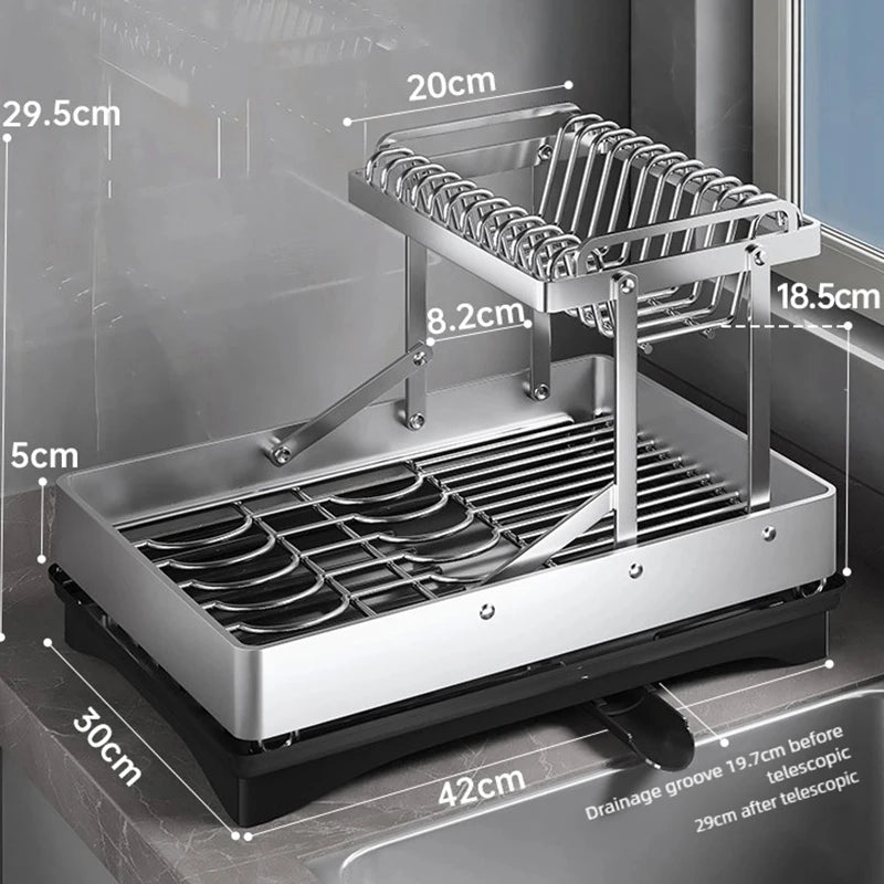 מתקן ייבוש לכלים למטבח – מדף נירוסטה מתקפל לאחסון סכינים, מזלגות, כוסות ומקלות אכילה, רב-תכליתי לשולחן או למשטח עבודה.