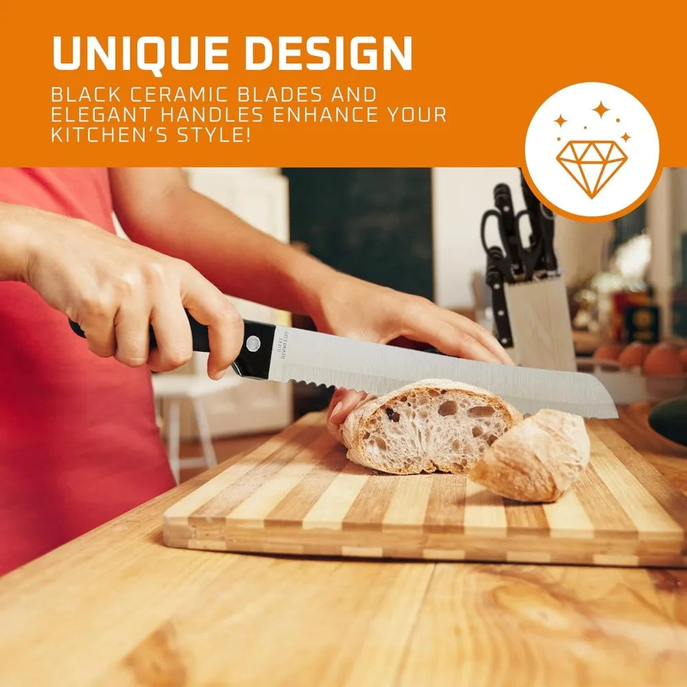 סט סכינים למטבח עם מעמד מעץ מלא – 15 חלקים, סכיני שף חדים מפלדת אל חלד, סכין לחם, סכין קצבים, סכיני פרי ובשר.