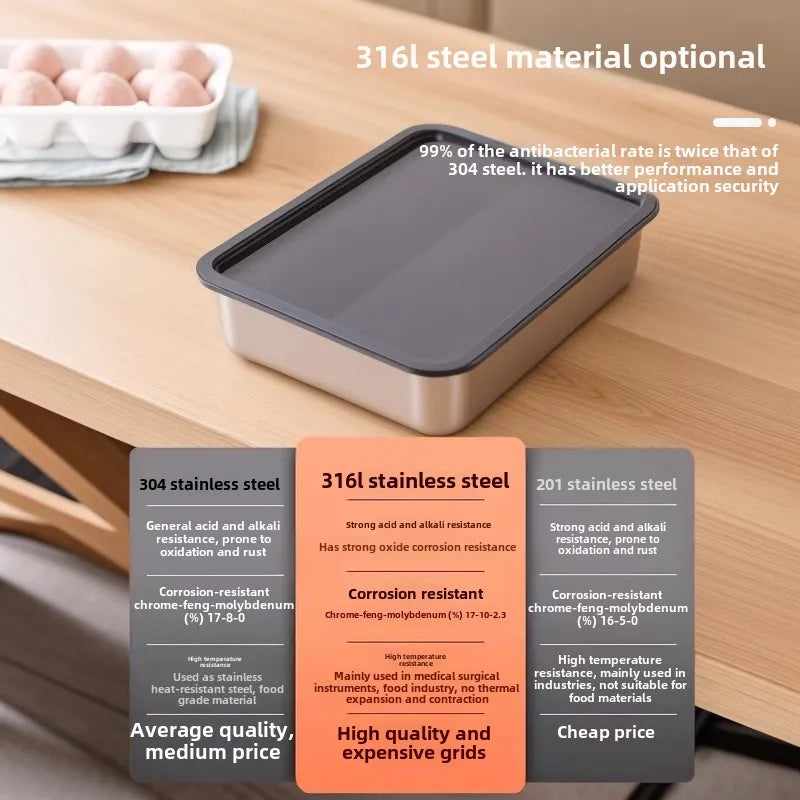 קופסת אחסון מזון מלבנית מנירוסטה 316 איכותית עם מכסה – לשמירה על טריות המזון. עשויה מחומר ברמה גבוהה, עמידה לאורך זמן, קלה לניקוי ומתאימה לאחסון בטוח של מזון חם או קר. מושלמת למטבח הביתי, לטיולים או לעבודה.