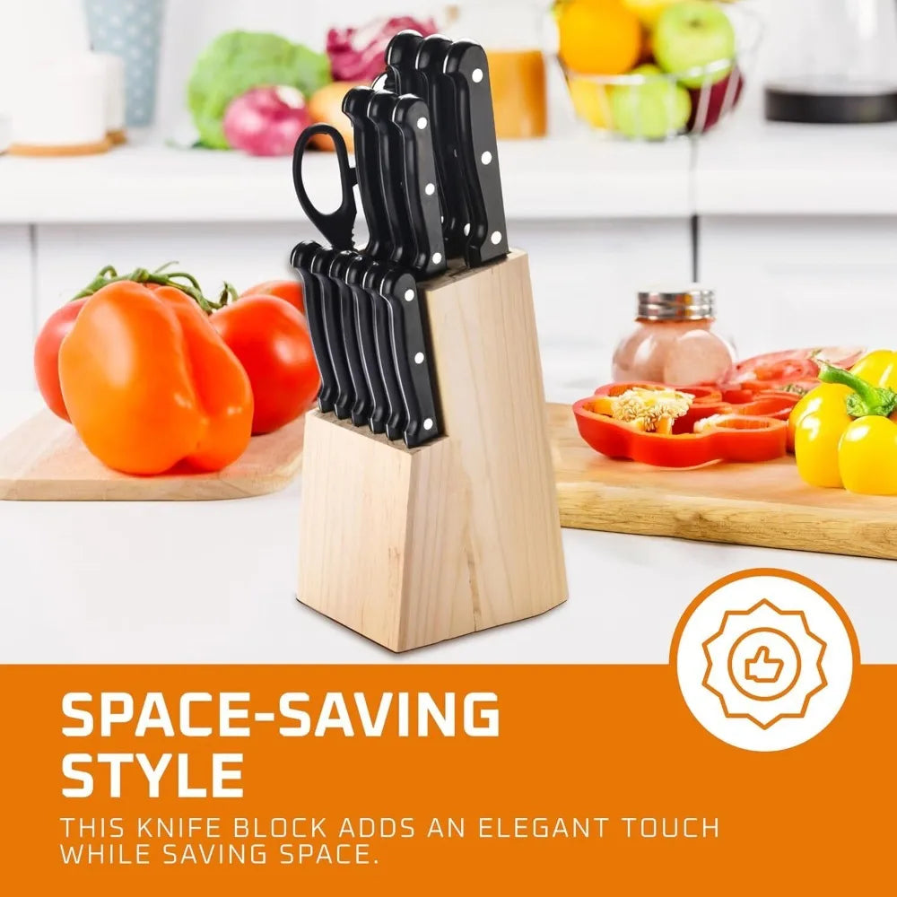 סט סכינים למטבח עם מעמד מעץ מלא – 15 חלקים, סכיני שף חדים מפלדת אל חלד, סכין לחם, סכין קצבים, סכיני פרי ובשר.