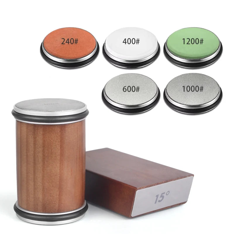 ערכת השחזה מגנטית עם גלגל זווית 15° ו-20°, כוללת אבן יהלום להשחזה מדויקת ומחזיק סכין מגנטי. פתרון מקצועי וקל לשימוש להשחזת סכיני מטבח ברמת שף.