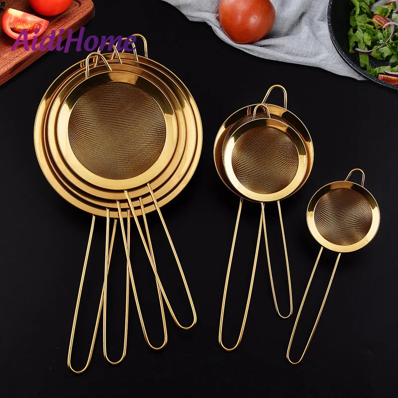 Stainless Steel Gold Mesh Egg Beater Separate Oil Strainer Flour Sifter Sieve Colanders Flour Coffee Mesh Filter Kitchen Bakware