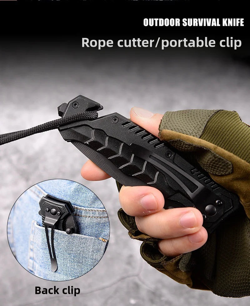 סכין קמפינג רב‑תכליתית עם מנעול בטיחות, להב מתקפל וסכין כיס טקטית חדה — מתאימה לדייג.