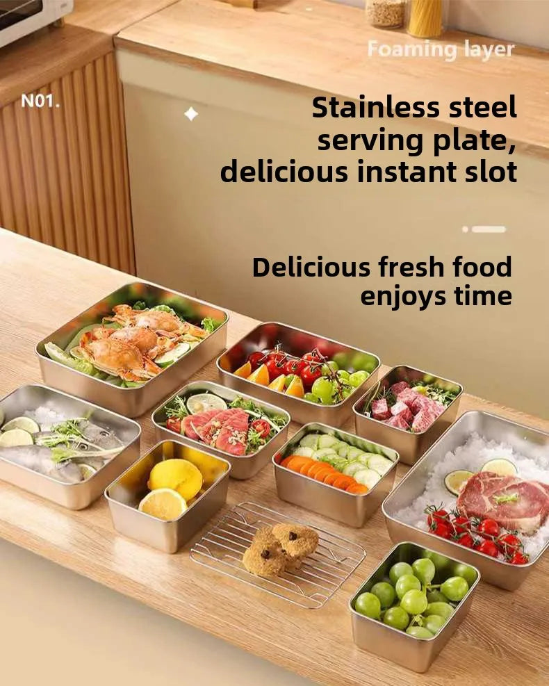 קופסת אחסון מזון מלבנית מנירוסטה 316 איכותית עם מכסה – לשמירה על טריות המזון. עשויה מחומר ברמה גבוהה, עמידה לאורך זמן, קלה לניקוי ומתאימה לאחסון בטוח של מזון חם או קר. מושלמת למטבח הביתי, לטיולים או לעבודה.