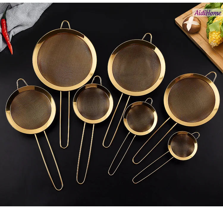Stainless Steel Gold Mesh Egg Beater Separate Oil Strainer Flour Sifter Sieve Colanders Flour Coffee Mesh Filter Kitchen Bakware