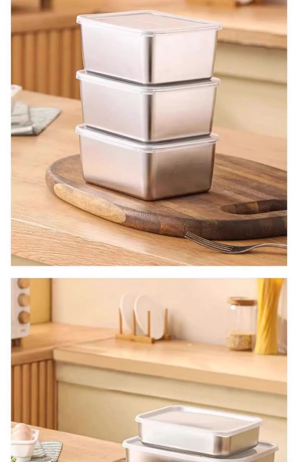 קופסת אחסון מזון מלבנית מנירוסטה 316 איכותית עם מכסה – לשמירה על טריות המזון. עשויה מחומר ברמה גבוהה, עמידה לאורך זמן, קלה לניקוי ומתאימה לאחסון בטוח של מזון חם או קר. מושלמת למטבח הביתי, לטיולים או לעבודה.