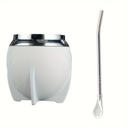 كوب متّه واحد مع قشة بومبيّا، بسعة **9.47 أونص**، مصنوع من **ستانلس ستيل** مزدوج الجدار لحفظ الحرارة، بتصميم تقليدي لشرب شاي المتّه. مناسب للاستخدام اليومي ويعدّ هدية مثالية لعيد الميلاد.