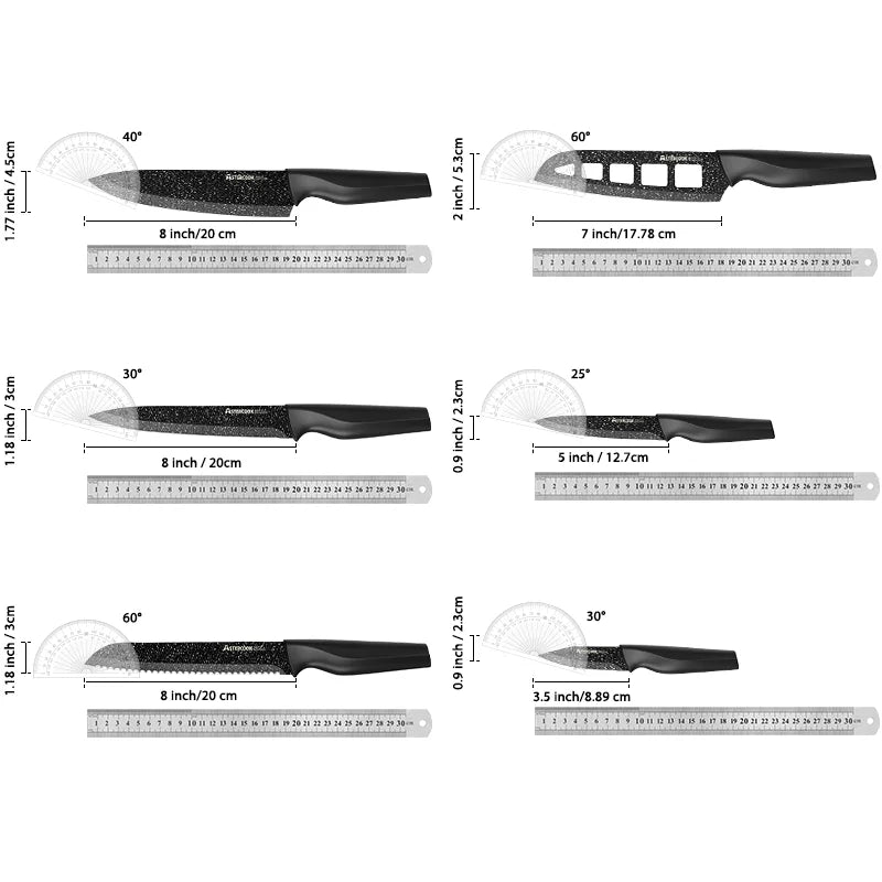 סט סכינים 6 חלקים מבית **Astercook**, כולל מגני להבים. עשוי מפלדת אל-חלד גרמנית עתירת פחמן, חד ועמיד לאורך זמן. מתאים למדיח כלים – סט מושלם למטבח מקצועי או ביתי.