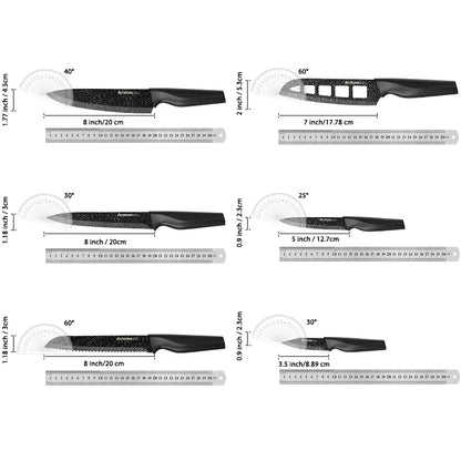 סט סכינים 6 חלקים מבית **Astercook**, כולל מגני להבים. עשוי מפלדת אל-חלד גרמנית עתירת פחמן, חד ועמיד לאורך זמן. מתאים למדיח כלים – סט מושלם למטבח מקצועי או ביתי.