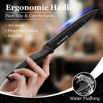 סט סכינים 6 חלקים מבית **Astercook**, כולל מגני להבים. עשוי מפלדת אל-חלד גרמנית עתירת פחמן, חד ועמיד לאורך זמן. מתאים למדיח כלים – סט מושלם למטבח מקצועי או ביתי.