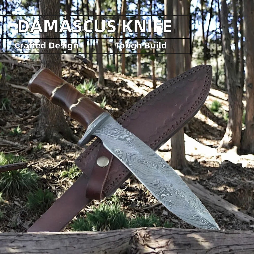 סכין בואוי ציד בעבודת יד מפלדת דמשק עם ידית מעץ אגוז ומפרידי פליז