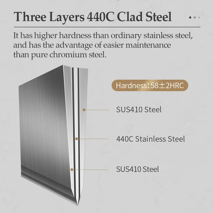 סכין שף מקצועית XINZUO באורך 210 מ״מ – פלדת 440C תלת-שכבתית חדה במיוחד, מתאימה לשפים, קצבים וחובבי בישול. להב חזק ועמיד מנירוסטה איכותית, ידית G10 נוחה ואחיזה מושלמת לבקרה ודיוק בכל חיתוך.