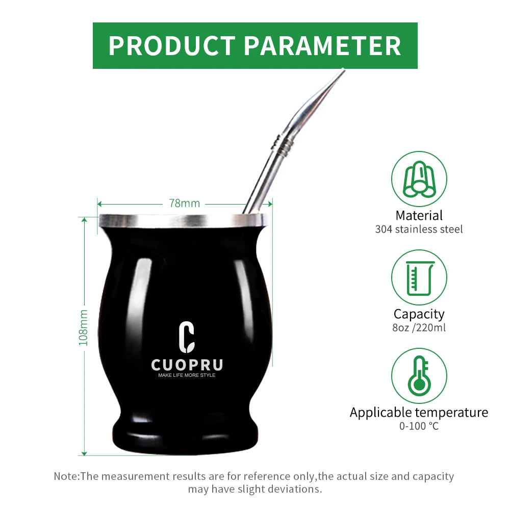 ``` FIXKNIFE  كوب يربا ماتيه أرجنتيني سعة 8 أونصات مصنوع من ستانلس ستيل 304 عالي الجودة مع جدار مزدوج للحفاظ على الحرارة، مزوّد بومبيّيا وفرشاة تنظيف وفاصل للشاي. تصميم حديث وأنيق لتجربة ماتيه مثالية من FIXKNIFE. ```