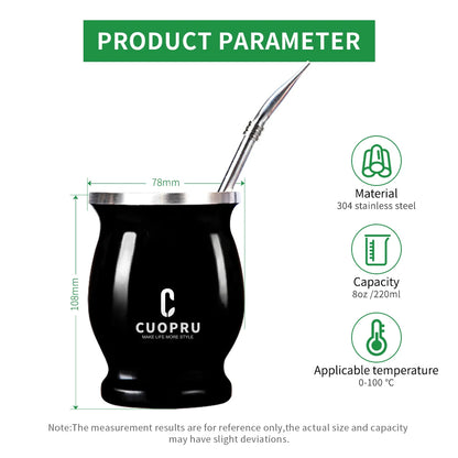 ``` FIXKNIFE  كوب يربا ماتيه أرجنتيني سعة 8 أونصات مصنوع من ستانلس ستيل 304 عالي الجودة مع جدار مزدوج للحفاظ على الحرارة، مزوّد بومبيّيا وفرشاة تنظيف وفاصل للشاي. تصميم حديث وأنيق لتجربة ماتيه مثالية من FIXKNIFE. ```