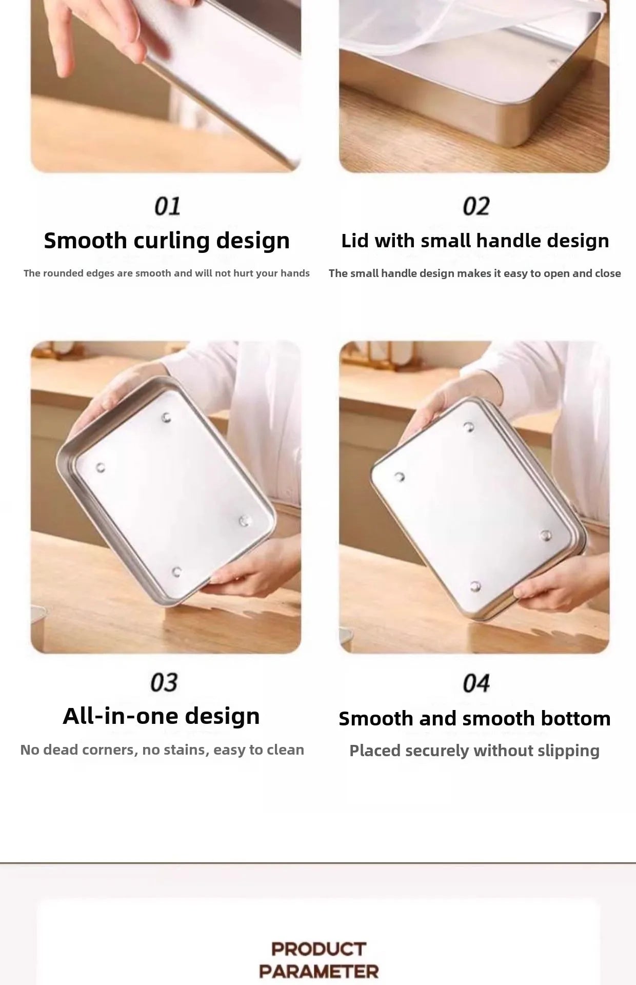 קופסת אחסון מזון מלבנית מנירוסטה 316 איכותית עם מכסה – לשמירה על טריות המזון. עשויה מחומר ברמה גבוהה, עמידה לאורך זמן, קלה לניקוי ומתאימה לאחסון בטוח של מזון חם או קר. מושלמת למטבח הביתי, לטיולים או לעבודה.