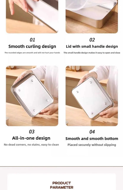 קופסת אחסון מזון מלבנית מנירוסטה 316 איכותית עם מכסה – לשמירה על טריות המזון. עשויה מחומר ברמה גבוהה, עמידה לאורך זמן, קלה לניקוי ומתאימה לאחסון בטוח של מזון חם או קר. מושלמת למטבח הביתי, לטיולים או לעבודה.