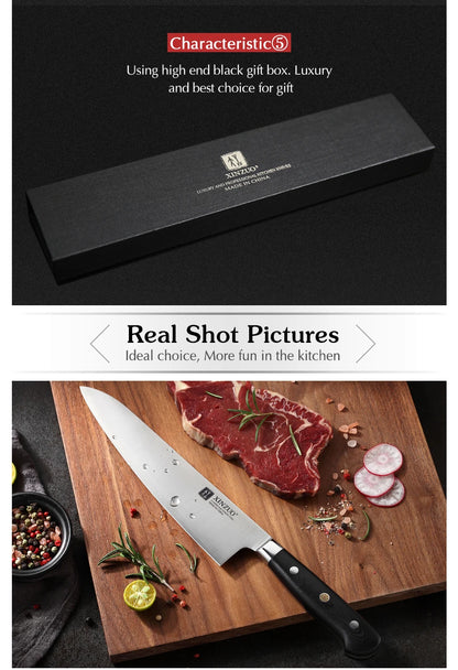 סכין שף מקצועית XINZUO באורך 210 מ״מ – פלדת 440C תלת-שכבתית חדה במיוחד, מתאימה לשפים, קצבים וחובבי בישול. להב חזק ועמיד מנירוסטה איכותית, ידית G10 נוחה ואחיזה מושלמת לבקרה ודיוק בכל חיתוך.