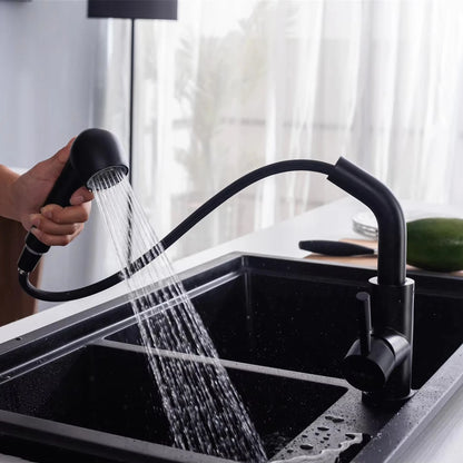 ברז מטבח שחור עם ראש נשלף, גוף מיקסר מניקל מוברש, מצב זרם ורסס, עיצוב מודרני למטבח.