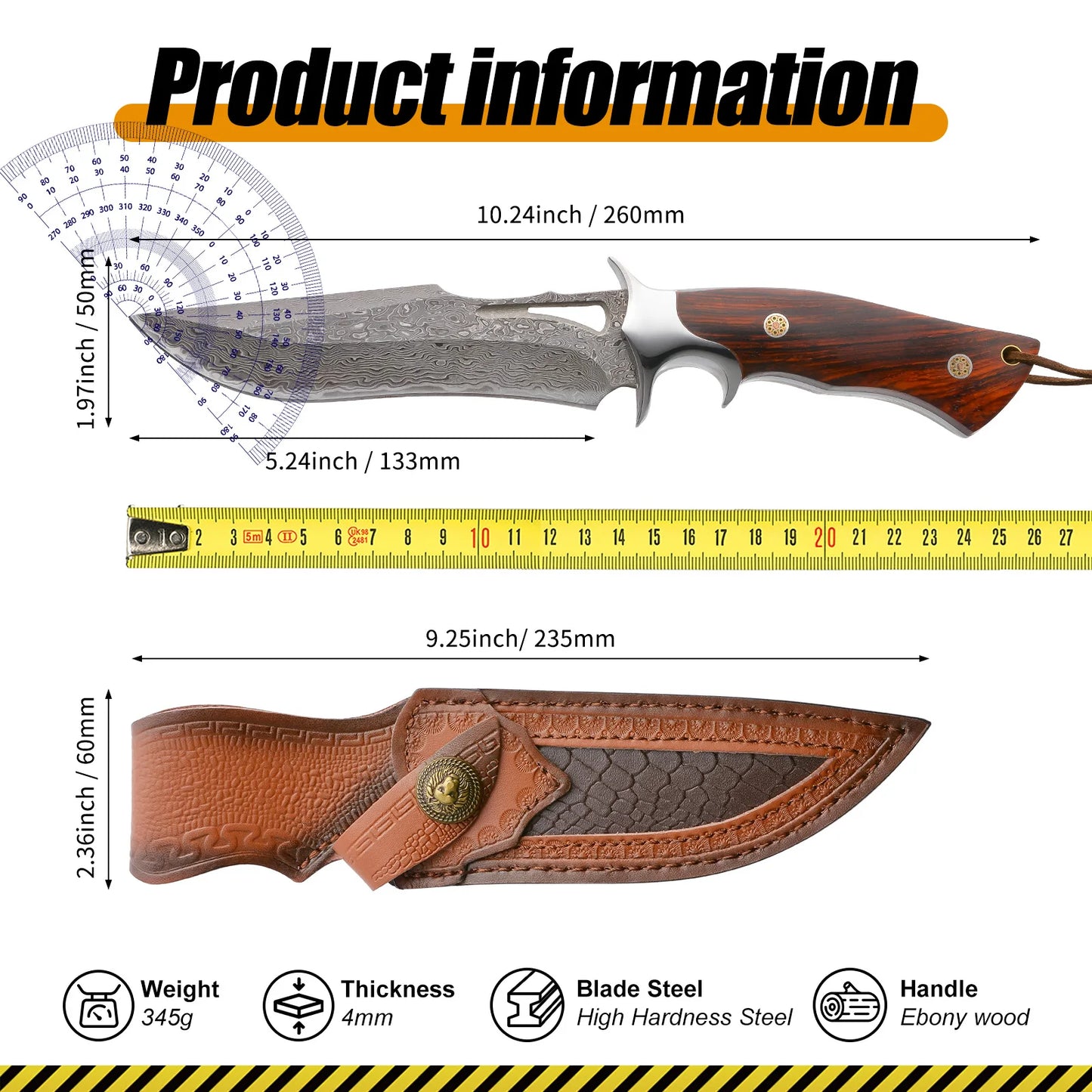 סכין גדולה מפלדת דמשק בעבודת יד — להב קבוע, ידית מעץ ונרתיק עור; נוחה לנשיאה וחותכת במהירות.