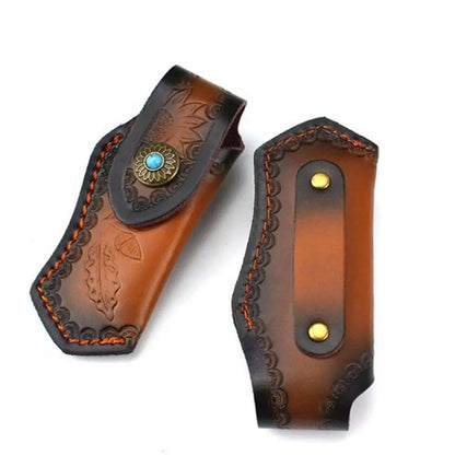 נדן סכין איכותי מעור שחור וחום למותן, מתקפל, זמין ב־5 סגנונות שונים. נרתיק עור עמיד ואופנתי לכלי עבודה ולשימוש חיצוני.