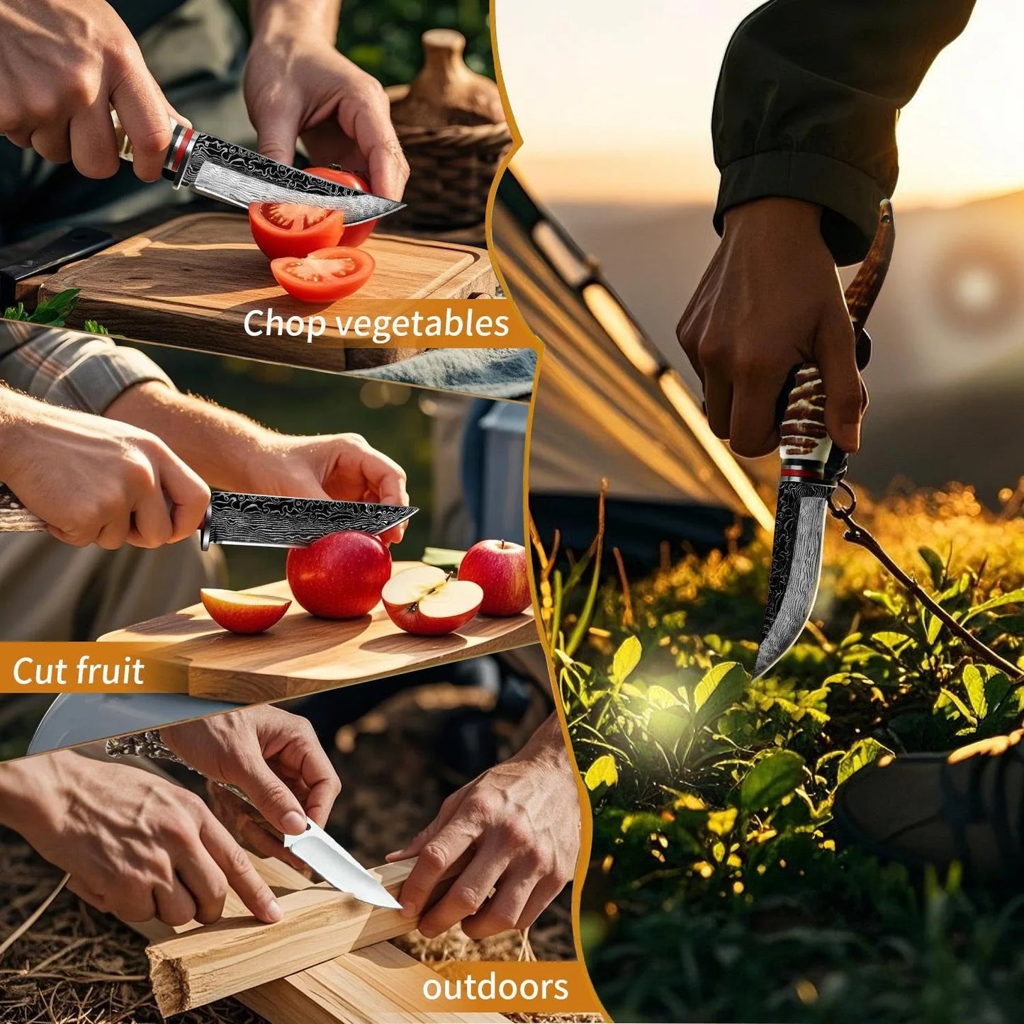 סכין דמשק רב־תכליתית בעבודת יד – חדה, עמידה ומרשימה. ידית ארגונומית נגד החלקה לאחיזה מושלמת, מתאימה לחיתוך בשר, פירות ופעילויות שטח וקמפינג. כוללת נדן מגן לנשיאה בטוחה וסטייל מקצועי.