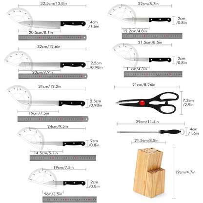 סט סכינים למטבח עם מעמד מעץ מלא – 15 חלקים, סכיני שף חדים מפלדת אל חלד, סכין לחם, סכין קצבים, סכיני פרי ובשר.