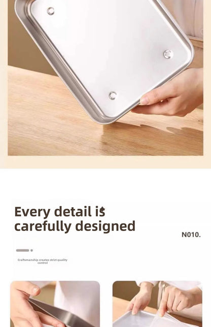 קופסת אחסון מזון מלבנית מנירוסטה 316 איכותית עם מכסה – לשמירה על טריות המזון. עשויה מחומר ברמה גבוהה, עמידה לאורך זמן, קלה לניקוי ומתאימה לאחסון בטוח של מזון חם או קר. מושלמת למטבח הביתי, לטיולים או לעבודה.