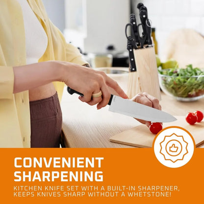 סט סכינים למטבח עם מעמד מעץ מלא – 15 חלקים, סכיני שף חדים מפלדת אל חלד, סכין לחם, סכין קצבים, סכיני פרי ובשר.