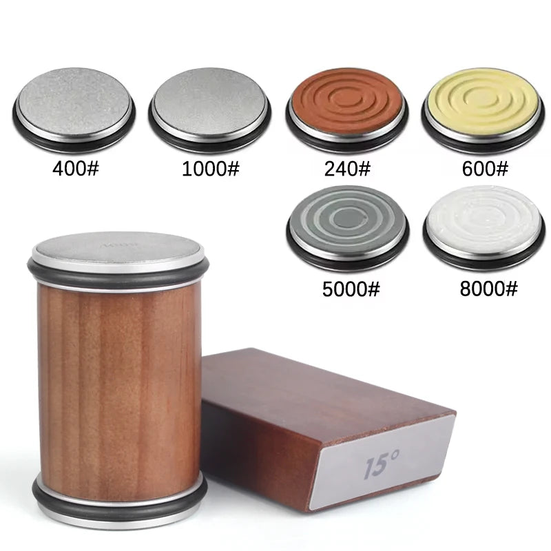 ערכת השחזה מגנטית עם גלגל זווית 15° ו-20°, כוללת אבן יהלום להשחזה מדויקת ומחזיק סכין מגנטי. פתרון מקצועי וקל לשימוש להשחזת סכיני מטבח ברמת שף.