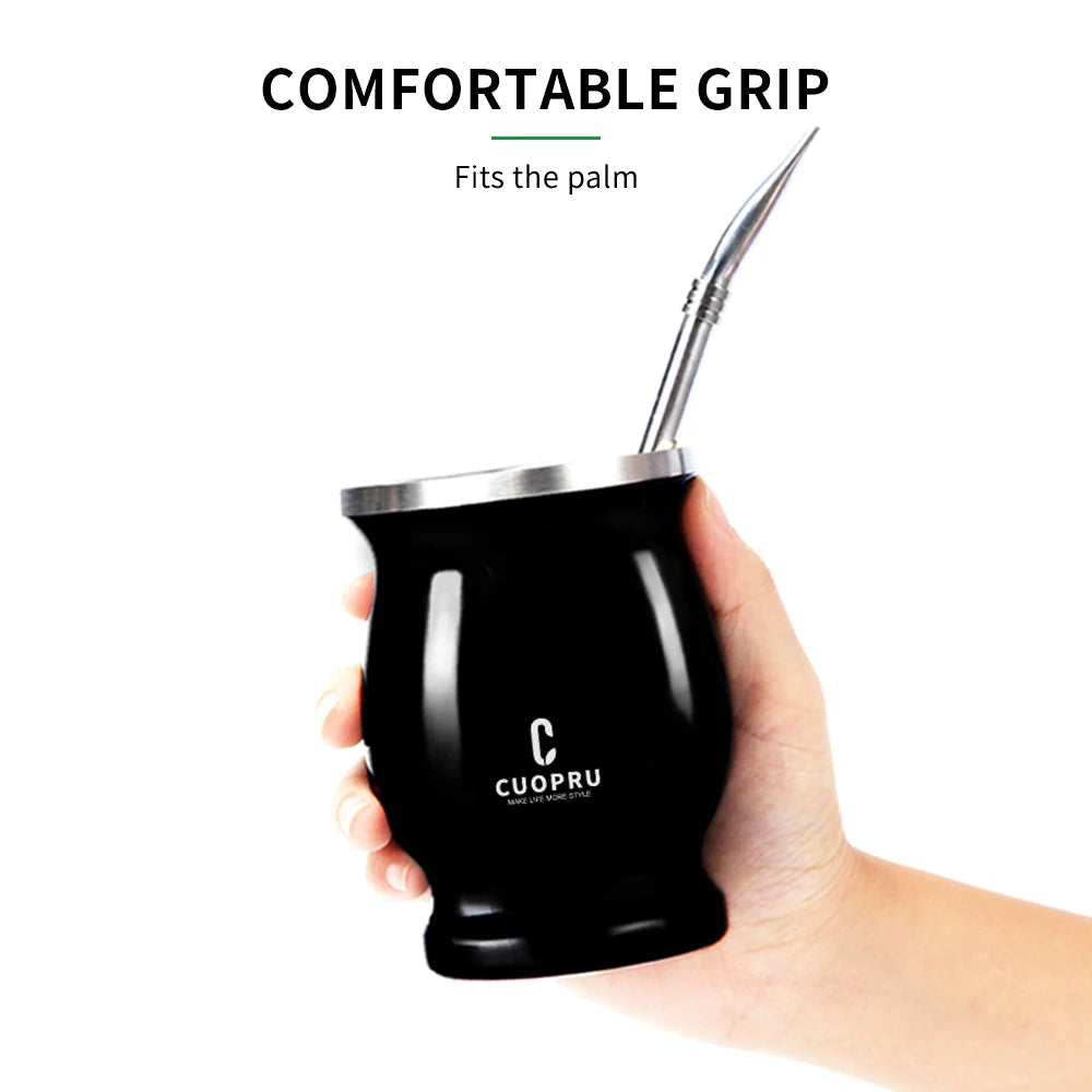 ``` FIXKNIFE  كوب يربا ماتيه أرجنتيني سعة 8 أونصات مصنوع من ستانلس ستيل 304 عالي الجودة مع جدار مزدوج للحفاظ على الحرارة، مزوّد بومبيّيا وفرشاة تنظيف وفاصل للشاي. تصميم حديث وأنيق لتجربة ماتيه مثالية من FIXKNIFE. ```