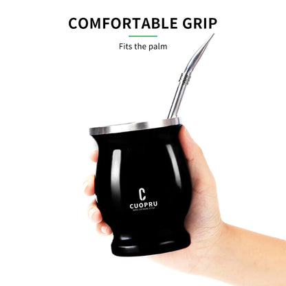 ``` FIXKNIFE  كوب يربا ماتيه أرجنتيني سعة 8 أونصات مصنوع من ستانلس ستيل 304 عالي الجودة مع جدار مزدوج للحفاظ على الحرارة، مزوّد بومبيّيا وفرشاة تنظيف وفاصل للشاي. تصميم حديث وأنيق لتجربة ماتيه مثالية من FIXKNIFE. ```