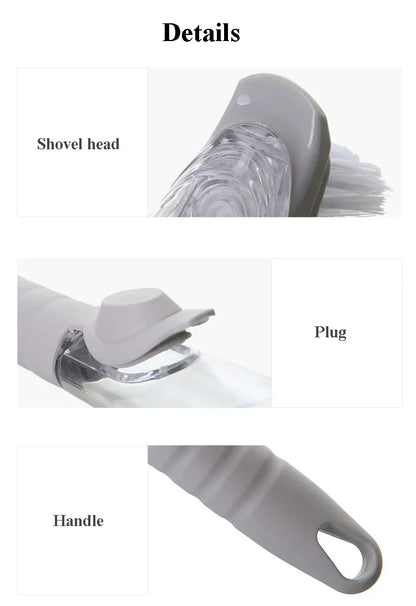 מברשת ניקוי למטבח 2 ב-1 עם ידית ארוכה ומברשת ספוג נשלפת, כוללת מתקן סבון מובנה. מושלמת לשטיפת כלים ולניקוי יסודי ונוח במטבח.