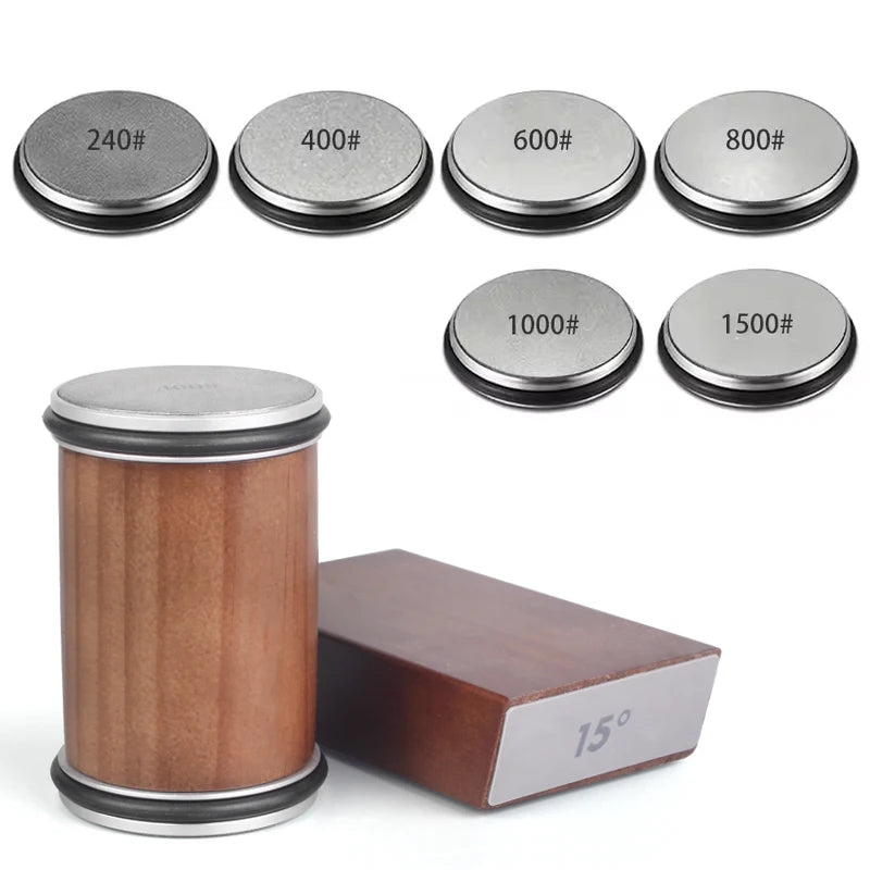 ערכת השחזה מגנטית עם גלגל זווית 15° ו-20°, כוללת אבן יהלום להשחזה מדויקת ומחזיק סכין מגנטי. פתרון מקצועי וקל לשימוש להשחזת סכיני מטבח ברמת שף.