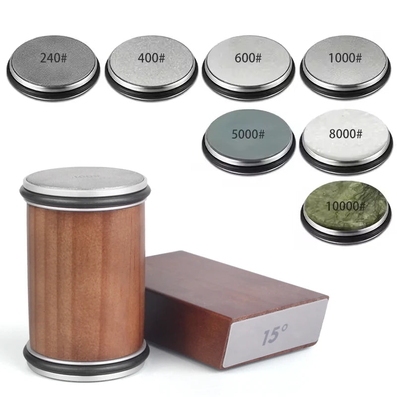 ערכת השחזה מגנטית עם גלגל זווית 15° ו-20°, כוללת אבן יהלום להשחזה מדויקת ומחזיק סכין מגנטי. פתרון מקצועי וקל לשימוש להשחזת סכיני מטבח ברמת שף.