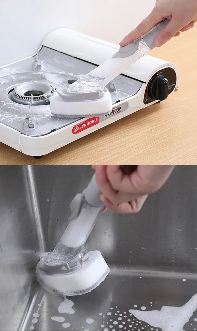 מברשת ניקוי למטבח 2 ב-1 עם ידית ארוכה ומברשת ספוג נשלפת, כוללת מתקן סבון מובנה. מושלמת לשטיפת כלים ולניקוי יסודי ונוח במטבח.