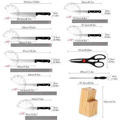 סט סכינים למטבח עם מעמד מעץ מלא – 15 חלקים, סכיני שף חדים מפלדת אל חלד, סכין לחם, סכין קצבים, סכיני פרי ובשר.