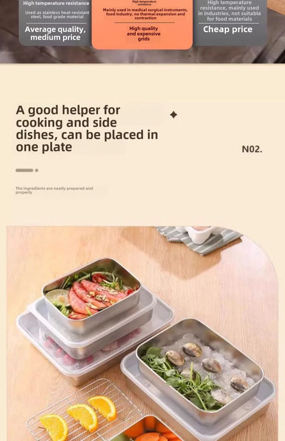 קופסת אחסון מזון מלבנית מנירוסטה 316 איכותית עם מכסה – לשמירה על טריות המזון. עשויה מחומר ברמה גבוהה, עמידה לאורך זמן, קלה לניקוי ומתאימה לאחסון בטוח של מזון חם או קר. מושלמת למטבח הביתי, לטיולים או לעבודה.