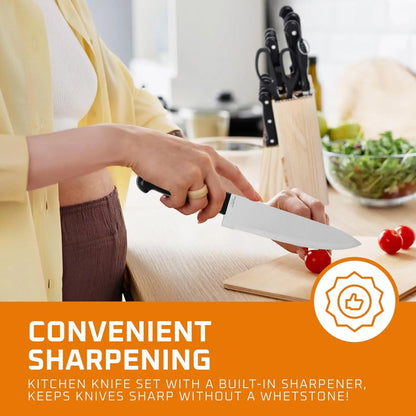 סט סכינים למטבח עם מעמד מעץ מלא – 15 חלקים, סכיני שף חדים מפלדת אל חלד, סכין לחם, סכין קצבים, סכיני פרי ובשר.