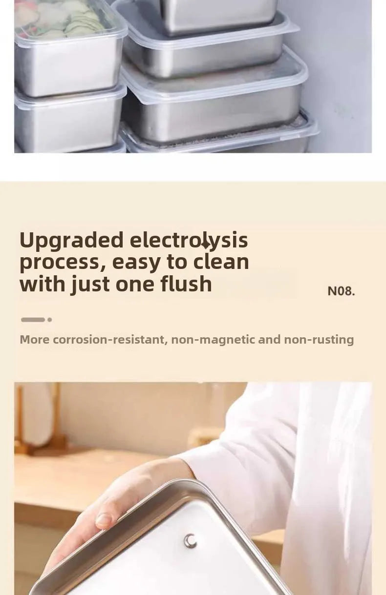 קופסת אחסון מזון מלבנית מנירוסטה 316 איכותית עם מכסה – לשמירה על טריות המזון. עשויה מחומר ברמה גבוהה, עמידה לאורך זמן, קלה לניקוי ומתאימה לאחסון בטוח של מזון חם או קר. מושלמת למטבח הביתי, לטיולים או לעבודה.