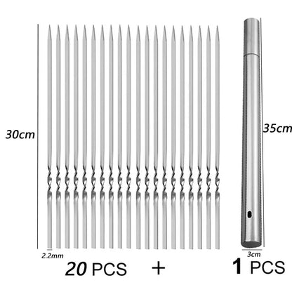 שיפודי ברביקיו איכותיים מנירוסטה, עמידים בחום ומתאימים לצלייה של שish kebab, בשר, ירקות ועוד. אידיאליים לשימוש בחוץ – קמפינג, פיקניק, מנגל ביתי וכל כלי הבישול הנלווים. קלים לניקוי ולשימוש חוזר, כלי חובה לכל חובב גריל.