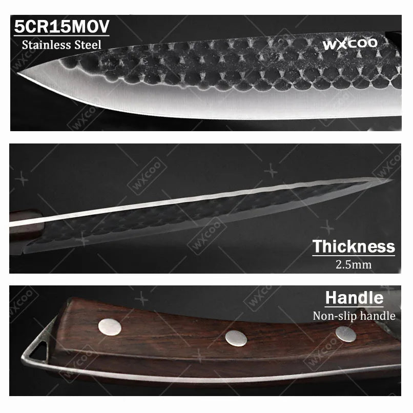 ערכת סכינים למטבח מסטלס סטיל – 3 חלקים: סכין שף, סכיני חיתוך רב-תכליתיים, סכיני פרסינג, סכיני גילוח בשר וכלי פריסה קטנים.