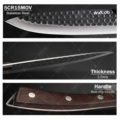 ערכת סכינים למטבח מסטלס סטיל – 3 חלקים: סכין שף, סכיני חיתוך רב-תכליתיים, סכיני פרסינג, סכיני גילוח בשר וכלי פריסה קטנים.