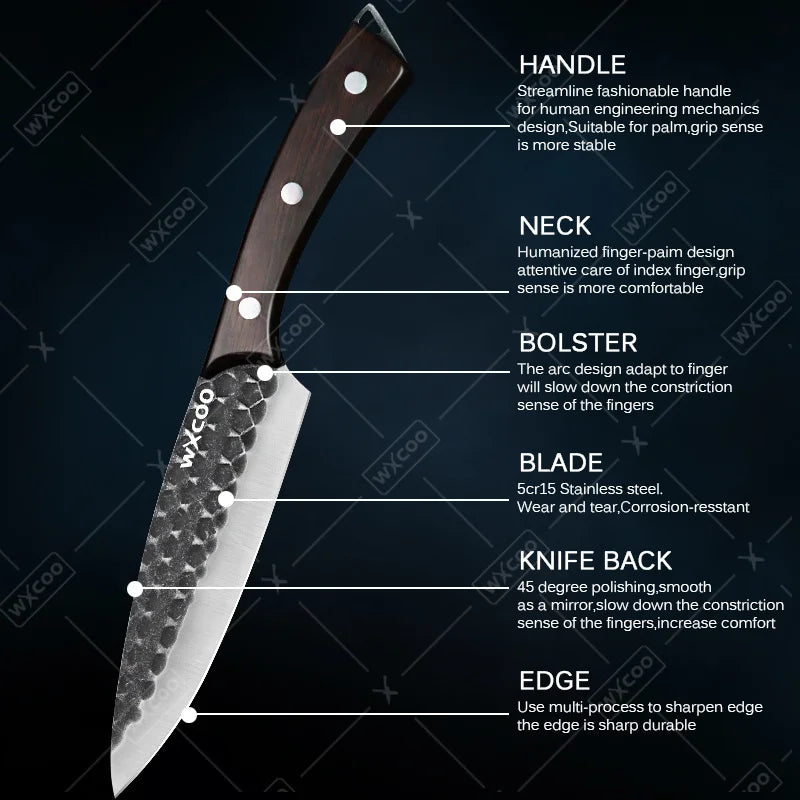 ערכת סכינים למטבח מסטלס סטיל – 3 חלקים: סכין שף, סכיני חיתוך רב-תכליתיים, סכיני פרסינג, סכיני גילוח בשר וכלי פריסה קטנים.