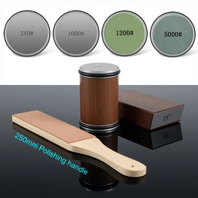 ערכת השחזה מגנטית עם גלגל זווית 15° ו-20°, כוללת אבן יהלום להשחזה מדויקת ומחזיק סכין מגנטי. פתרון מקצועי וקל לשימוש להשחזת סכיני מטבח ברמת שף.