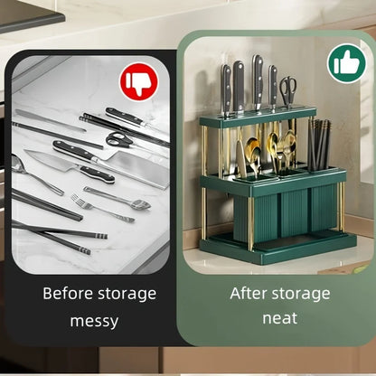 מתקן אחסון לסכינים סכום ולמקלות אכילה – עיצוב חכם ומשולב לחיסכון במקום. שומר על הסכינים מסודרים ובטוחים, מושלם למטבח הביתי או למסעדה. מעמד יציב, נוח לניקוי ועמיד לאורך זמן.